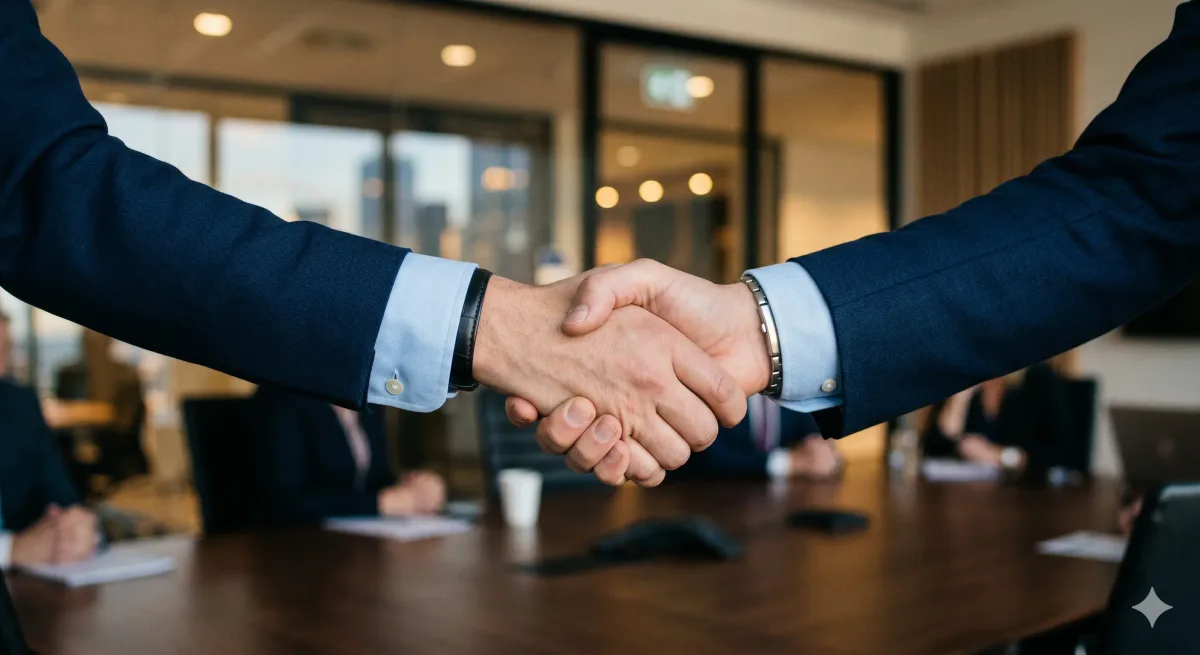Two professionals shaking hands across a desk — direct counterparty relationship.