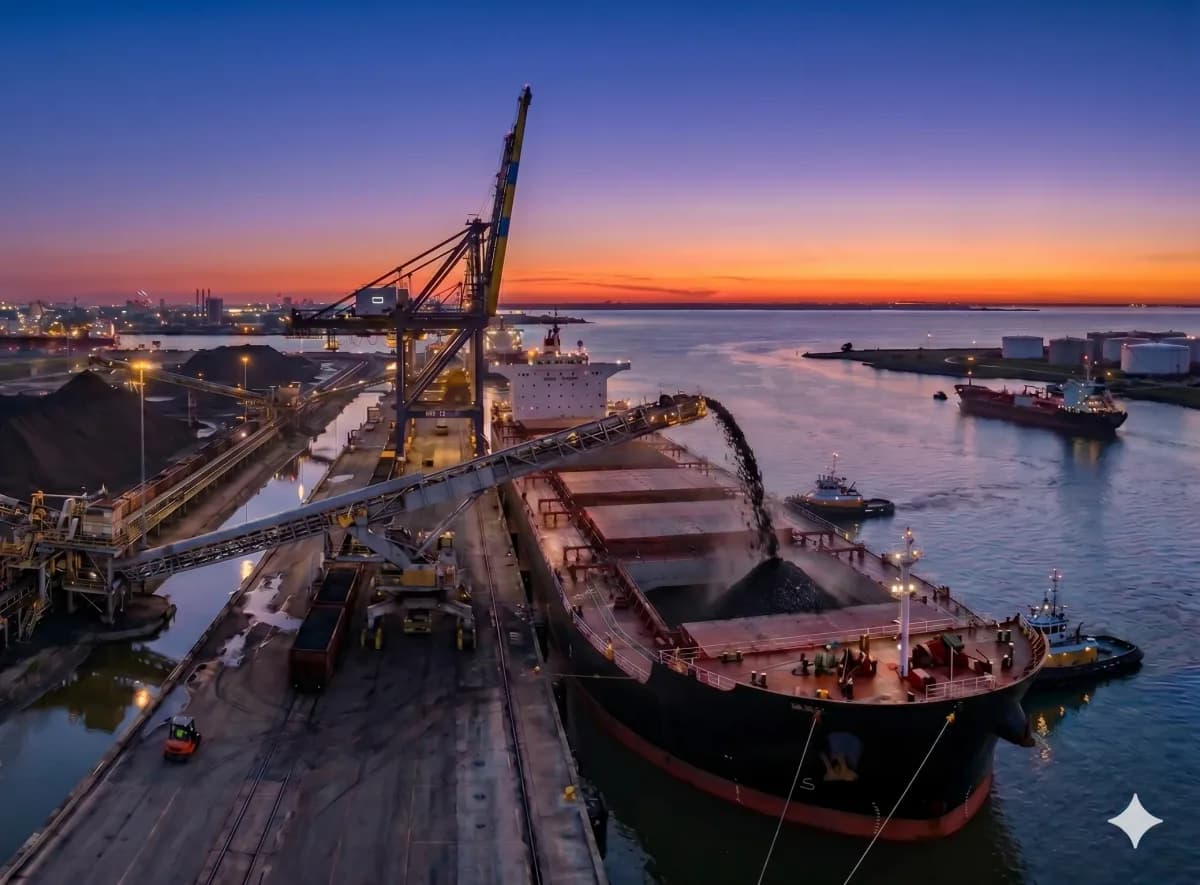 Bulk carrier loading petroleum coke at a Gulf Coast export terminal.
