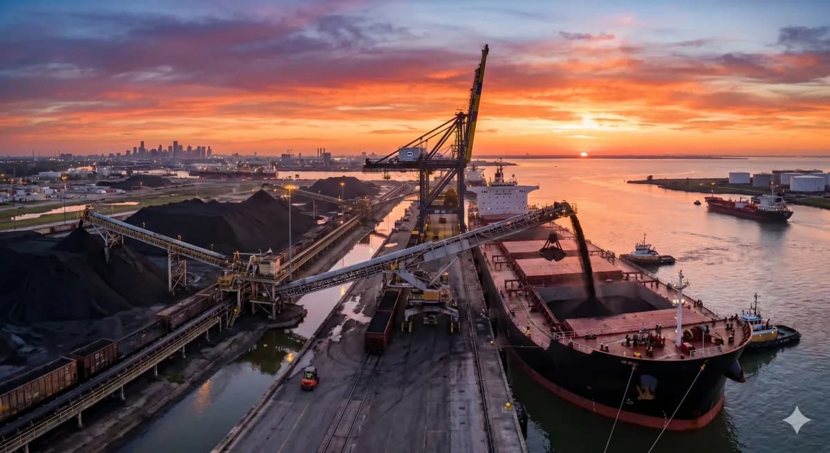 Bulk carrier loading petroleum coke at dusk under terminal floodlights.