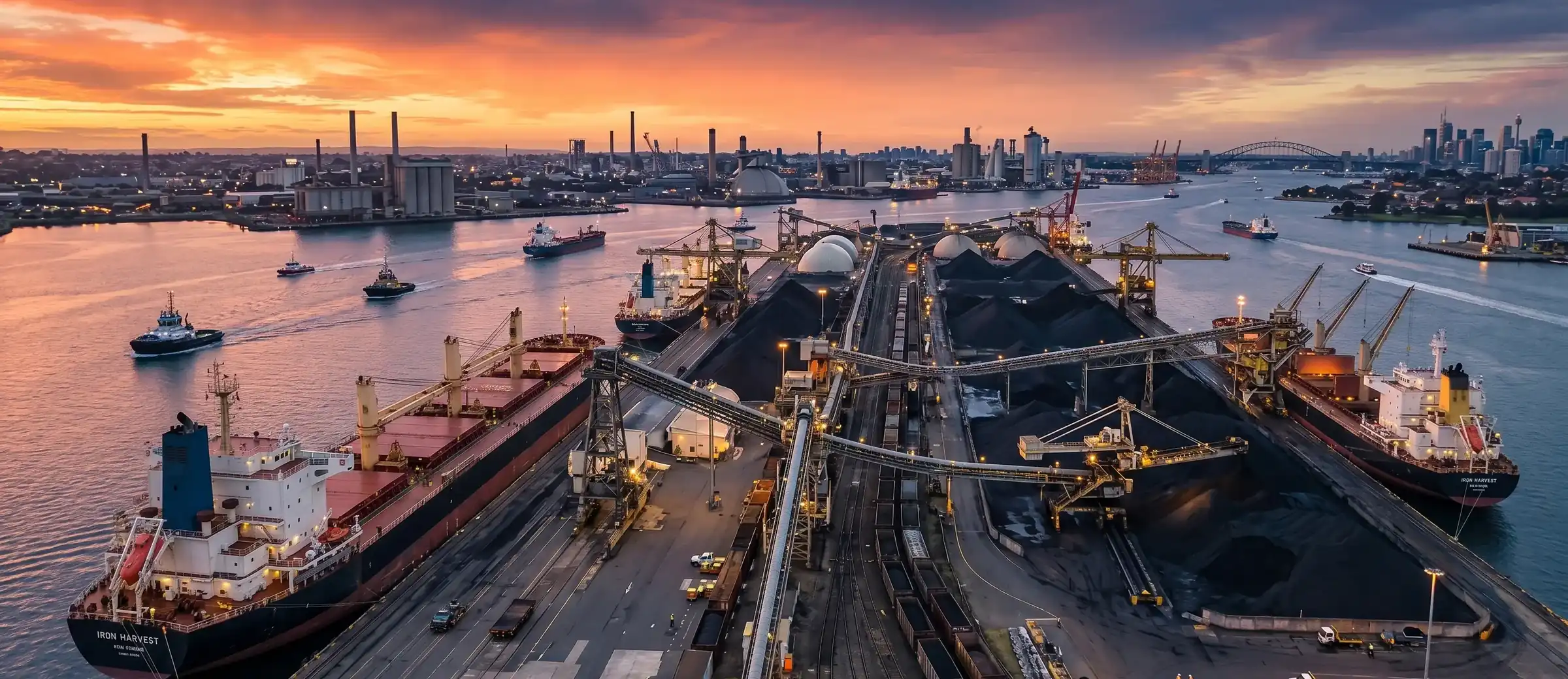 Bulk carrier loading petroleum coke at a Gulf Coast export terminal at sunset.
