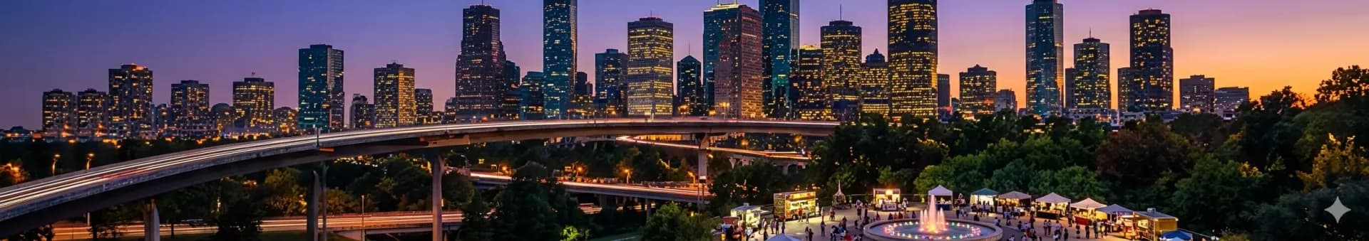 Houston downtown skyline at dusk — corporate-base institutional anchor.