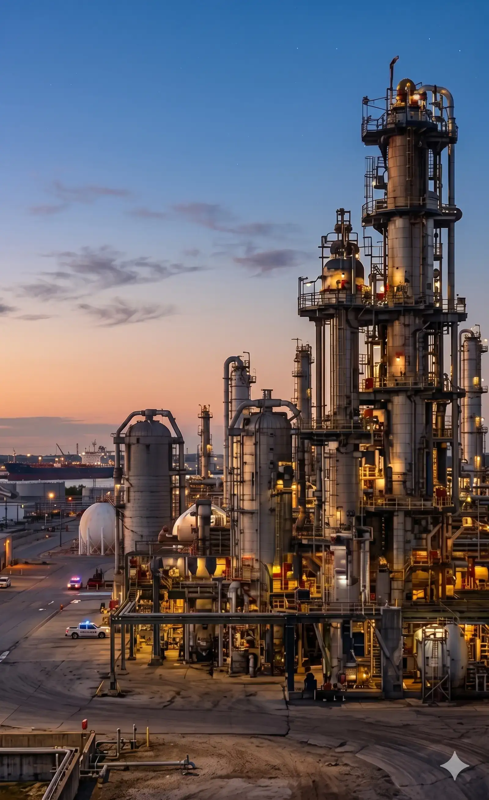 Petroleum refinery process units at industrial scale, daytime.