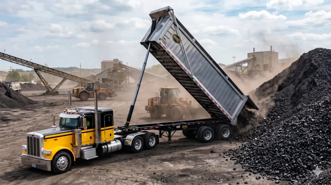 Haul truck delivering petroleum coke into terminal stockpile.
