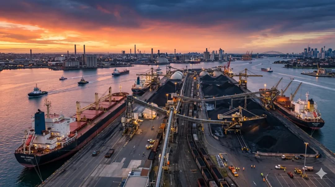 Bulk carriers berthed at export terminal loading petroleum coke.